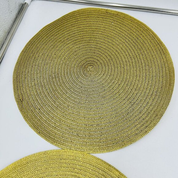 NWT Crate and Barrel Placemats 15" Round Rattan Woven Gold Set of 4 NEW - Picture 2 of 6